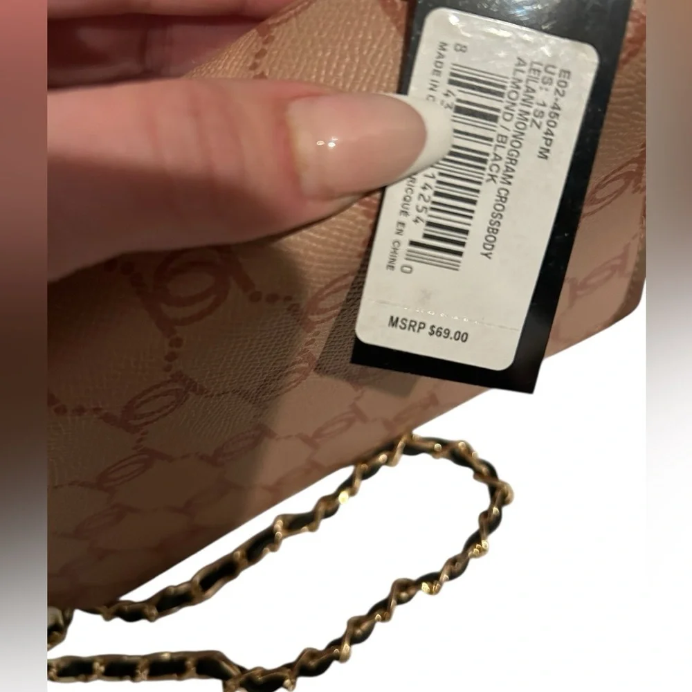 BEBE Leilani printed monogram Crossbody Shoulder Bag Almond